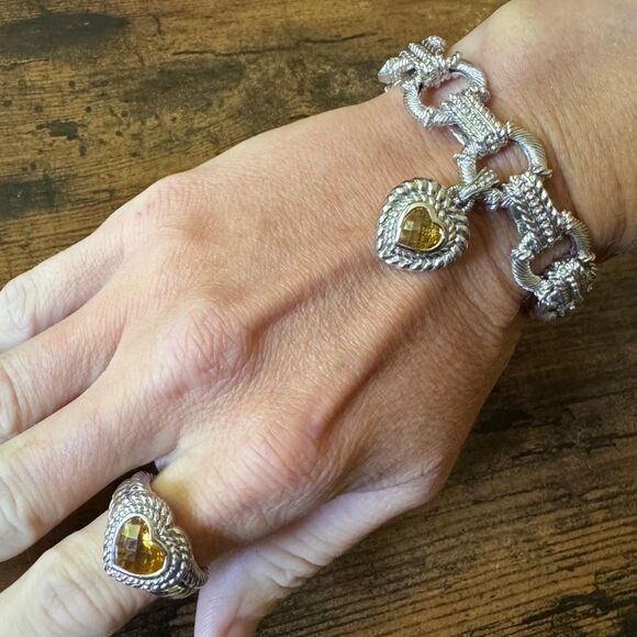 JUDITH RIPKA STERLING SILVER BRACELET w CITRINE HEART ENHANCER CHARM + RING Sz 8 - Picture 3 of 10